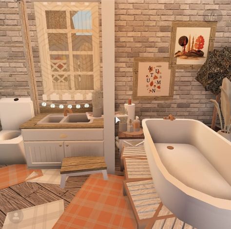 Tiny Fall Bloxburg House, Bloxburg House Ideas Fall Bathroom, Bloxburg Autumn Interior Ideas, Preppy Fall House Bloxburg, Roblox Bloxburg House Ideas Fall, Halloween Bloxburg Houses Interior, Autumn Room Bloxburg, Fall Bloxburg Living Room Ideas, Bloxburg Fall Bathroom Ideas