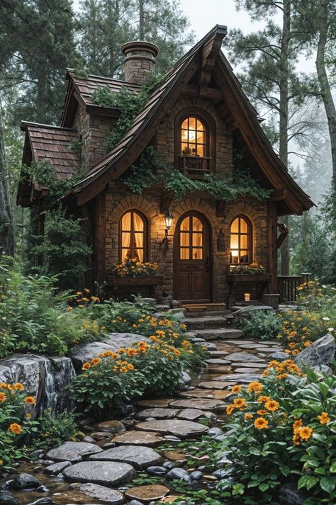 Cute Cottages Aesthetic, Fairy Cabin In The Woods, Magical Cottage In The Woods, Cozy Cottage In The Woods Interiors, Fairy Tale Interior Design, Cute Cottage House Exterior, Fairy Core House, Victorian Cabin, Fairytale Cabin