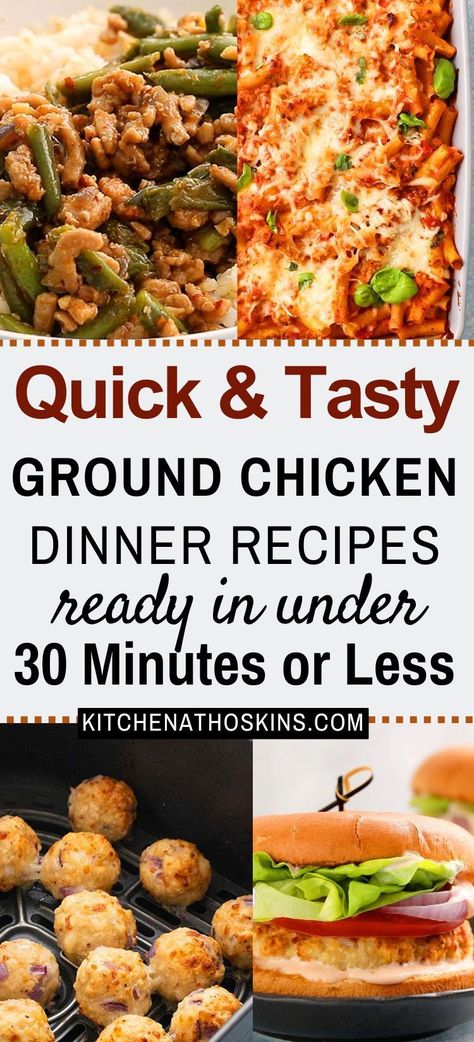 Discover easy ground chicken recipes for dinner that are quick, healthy, simple and great for kids or the entire family. If you have ever wondered what to make with one pound of ground chicken, then you will find ideas like air fryer meatballs, tacos, pasta and more for easy weeknight dinner solution. Get the best ground chicken dinner ideas at kitchenathoskins.com. Ground Chicken Recipes Healthy Meal Prep, Meal With Ground Chicken, Ground Chicken High Protein Meals, Hot Honey Ground Chicken, Ground Chicken Recipes Air Fryer, What To Cook With Ground Chicken, High Protein Low Fat Chicken Recipes, Recipes For Ground Chicken Healthy, Ground Chicken Easy Recipes