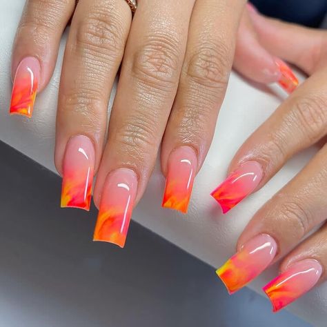 38 Orange Nail Designs to Freshen Up Your Look - Beautiful Dawn Designs Acrylic Nails With Orange Design, Short Square Nails Ideas Orange, Acrylic Nail Summer Designs, Pink Orange Yellow Ombre Nails, Summer Nails Orange And Yellow, Pink Orange Acrylic Nails, Short Acrylic Nails Designs Orange, Short Acrylic Nails Summer Colors, Orange Inspo Nails