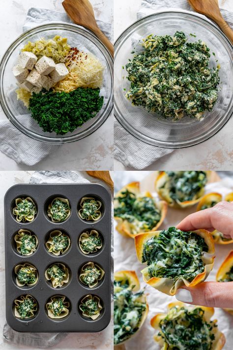 These cheesy spinach and artichoke dip cups are fun, full of flavor, have the best bite, and baked to perfection. #spinachandartichokedip #diprecipes #appetizerrecipes #partyfood Vegetarian Christmas Appetizers, Spinach Artichoke Bites, Artichoke Bites, Wonton Appetizers, Wonton Wrapper Recipes, Spinach And Artichoke Dip, Cheesy Spinach, Wonton Cups, Whipped Goat Cheese