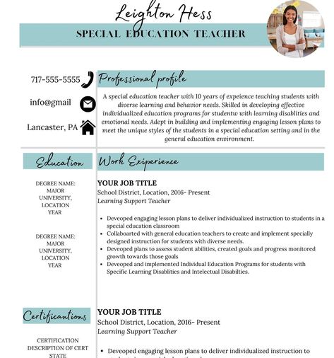 Teacher Resume Digital Template Sped Paraprofessional, Teacher Resume Examples, Education Resume, Resume Template Examples, Teacher Resume Template, Learning Support, Resume Builder, Professional Resume Template, Resume Sample