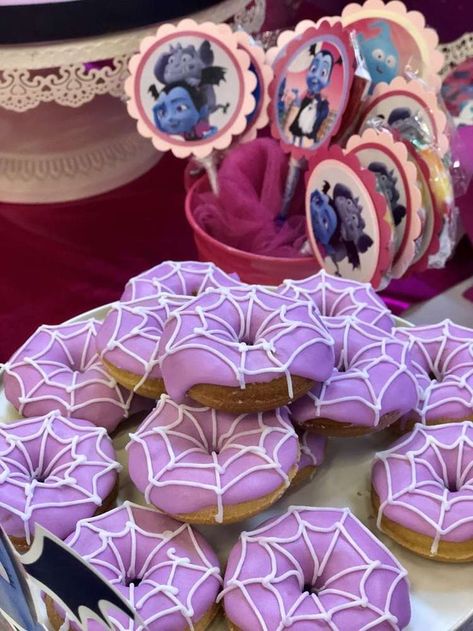 Check out the cool spiderweb donuts at this Vampirina Birthday Party. Perfect for Halloween too!! See more party ideas and share yours at CatchMyParty.com  #catchmyparty #partyideas #vampirina #vapirinabirthdayparty #vampire  #girlbirthdayparty #donuts #s Vampirina Birthday Party Ideas, Vampirina Birthday Party, Vampirina Birthday, Halloween Treats To Make, Monster High Birthday Party, Diy Halloween Treats, Monster High Party, Birthday Halloween Party, Halloween Food For Party