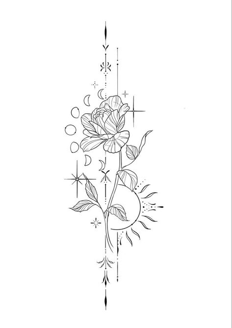 Ornamental Hummingbird Tattoo, Celestial Flower Tattoo, Celestial Tattoos For Women, Simple Sleeve Tattoo Women, Beautiful Tattoos For Women Unique, Floral Spine Tattoos For Women, Celestial Tattoo Sleeve, Floral Spine Tattoo, Mystical Tattoos