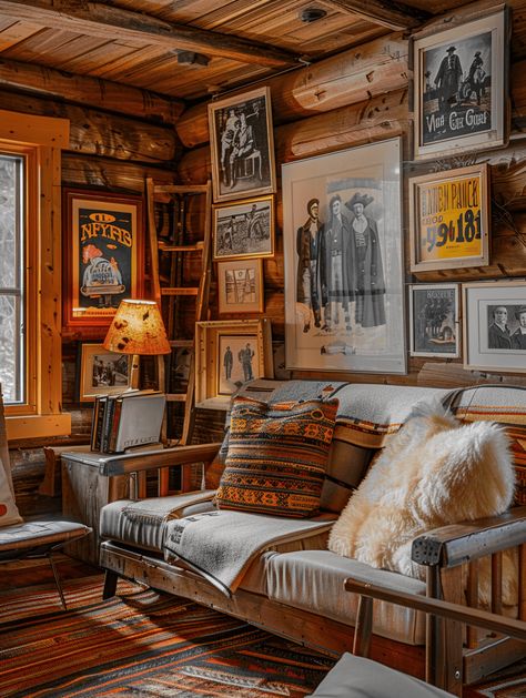 22 Rustic Log Cabin Wall Decor Ideas for a Homely Feel Vintage Log Cabin Interior, Rugged Home Decor, Curtains For Log Cabin, Cabin Couch Ideas, English Lodge Interior, Lodge Style Interior, Mountain House Interior Design Rustic, Wood Cabin Interior Rustic, Vintage Cabin Decorating Ideas