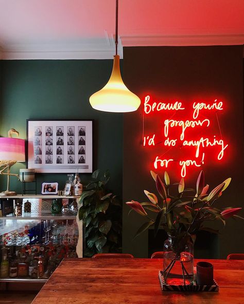 Saturday nights in the vibe-iest dining room ever we had a custom neon made with the lyrics from our song, written in my handwriting and… Megan Ellaby, Cave Story, Deco Bar, Future Space, Apartment Plans, Dark Interiors, Fairy Godmother, Decoration Inspiration, Custom Neon