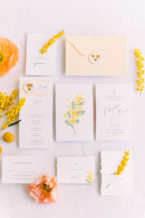 Pale Yellow Weddings, Yellow White Wedding, Yellow Wedding Inspiration, Yellow Wedding Invitations, Mimosa Flower, Minimalist Inspiration, Yellow Theme, Minimalist Wedding Invitations, Wedding Theme Colors