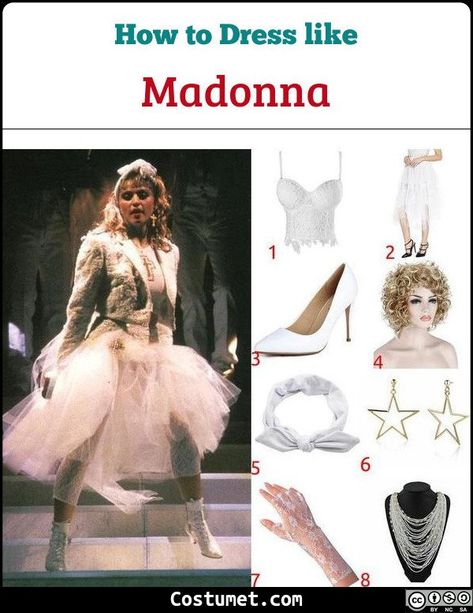 Iconic Madonna Outfits 80s, Outfits For Madonna Concert, Musical Icons Costume, Madonna Outfit Ideas, Madonna Like A Virgin Costume, Musicians Costumes Ideas, Like A Virgin Costume, Madonna Fancy Dress, Singers Costumes Ideas