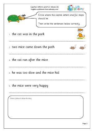 Introduction to using capital letters and full stops in simple sentences. Capital Letters And Full Stops Worksheet, Capital Letters Activities, Teaching Punctuation, Capitalization Worksheets, Capital Letters Worksheet, Punctuation Worksheets, Use Of Capital Letters, English Grammar For Kids, Cursive Writing Worksheets