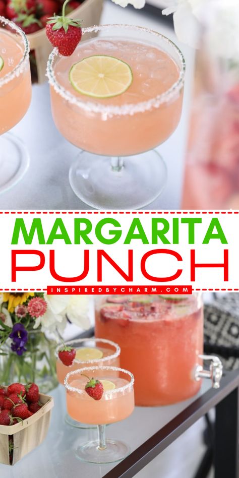 This summer cocktail recipe is an easy way to serve margaritas for a crowd! It's a perfect alcoholic 4th of July drink. Blended with frozen strawberries, this fruity margarita punch is the BEST. So light and refreshing! July 4th Margarita, 4th Of July Beverages Alcoholic, 4th Of July Pitcher Drinks, Party Margarita Recipe, Summer Party Punch Alcohol, 4th Of July Alcoholic Drinks Punch, Tequila Drinks For A Crowd, Simple Summer Drinks Alcohol, Make Ahead Drinks Alcohol