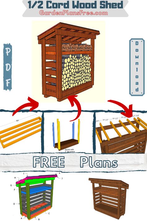 These free plans cover everything you ever wanted to know about building a 2 ft x 6 ft firewood shed, that can hold up to half cord of wood. The shed is sturdy and it features a lean to roof. In addition, the firewood rack has a seperate shelf that can be used to store small twigs. Full Cut and Shopping lists included. PDF download and Print friendly. #woodshed #firewoodshed #leantowoodshed Firewood Storage Plans, Small Wood Shed, Firewood Rack Plans, Store Firewood, Firewood Shed Plans, Shed Plans Free, Firewood Storage Outdoor, Cordwood Homes, Storage Outdoor