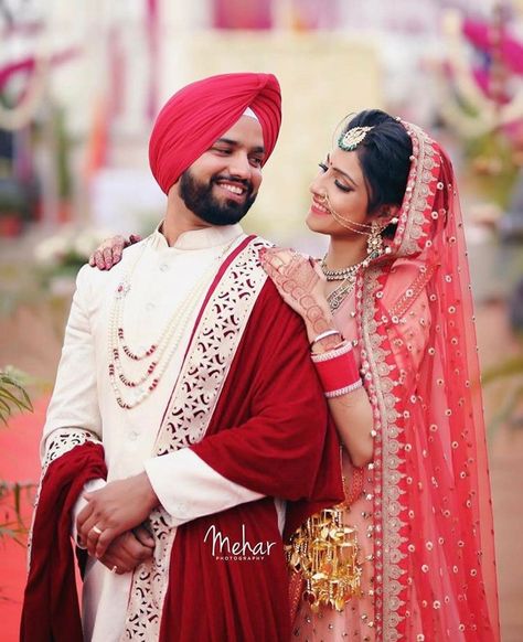 Pinterest: @pawank90 Punjabi Wedding Couple, Indian Wedding Poses, Indian Wedding Bride, Indian Wedding Photography Couples, Bridal Photography Poses, Couple Wedding Dress, Punjabi Couple, Indian Bridal Photos, Indian Wedding Couple Photography