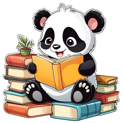 Cute and happy little panda sitting down, reading and enjoying a stack of books. He’s the perfect companion for your reading sessions, and he’ll inspire you to read more! Available as Stickers & More! Panda Classroom Decorations, Cartoon Reading Book, Panda Reading Book, Cartoons Reading Books, Logo Panda, Panda Sitting, Animal Reading, Cute Panda Drawing, Reading Cartoon