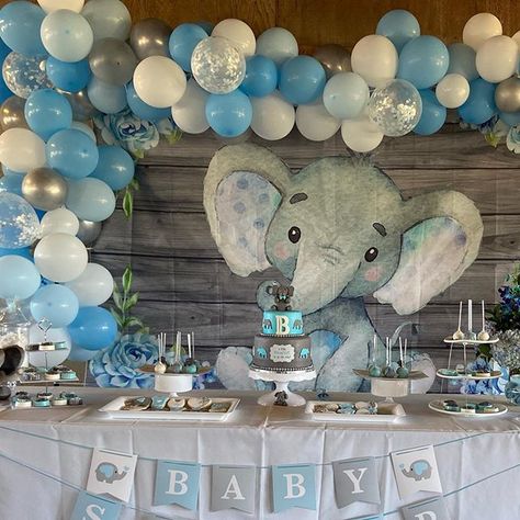 Image may contain: indoor  #Regram via @generated Elephant Backdrop, Elephant Baby Shower Cake, Elephant Baby Boy, Peanut Baby Shower, Elephant Baby Shower Decorations, Elephant Baby Shower Boy, Boy Baby Shower Ideas, Elephant Baby Shower Theme, Elephant Birthday