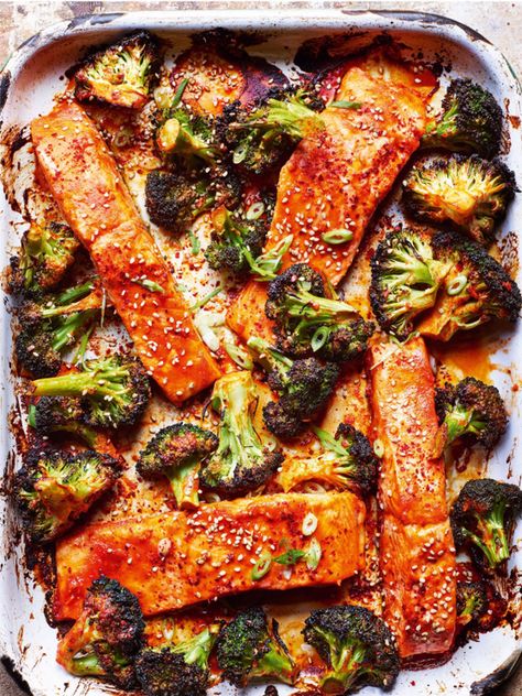 Korean Salmon & Broccoli Traybake | SheerLuxe Korean Salmon, Salmon Tray Bake, Salmon Broccoli, Salmon And Broccoli, Gluten Free Brands, Broccoli Bake, Marinated Salmon, Healthy Salmon, Midweek Meals