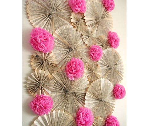 tissue pom wedding decor ideas | 100 Layer Cake Party Fotos, Paper Fan, Photo Booth Backdrop, Book Ideas, Crafts Ideas, Backdrops For Parties, Diy Party, Wedding Backdrop, Diy Flowers