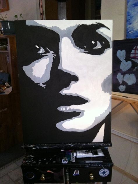 Black and white acrylic painting, Winona Ryder Black And White Acrylic Painting, White Acrylic Painting, Black Canvas Paintings, Black And White Art Drawing, Canvas Painting Diy, Black And White Painting, Winona Ryder, Diy Canvas Art Painting, Amazing Art Painting