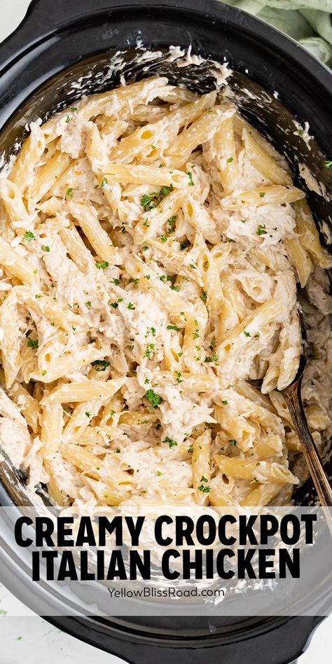 Slow Cooker Creamy Italian Chicken made in the crockpot with just 3 ingredients and served over pasta or rice for an easy weeknight dinner. Crockpot Italian Chicken, Crockpot Italian, Creamy Crockpot Chicken, Italian Chicken Crockpot, Italian Chicken Pasta, Creamy Italian Chicken, Crockpot Pasta, Slow Cooker Chicken Thighs, Italian Chicken Recipes