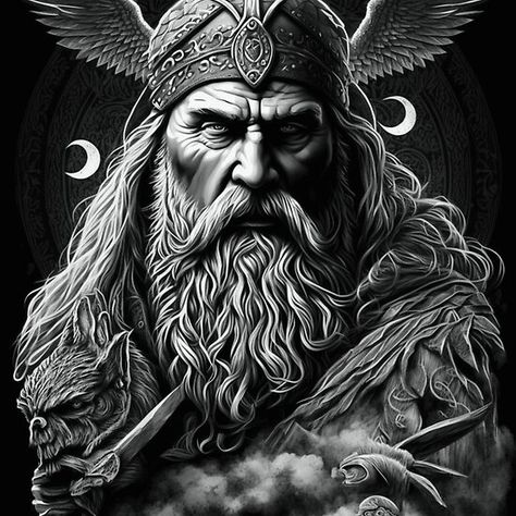 Odin Allfather, Viking Symbols And Meanings, Hero Tattoo, Viking Tattoo Sleeve, Old Man Portrait, Vikings Tattoo, Father Tattoos, Odin God, Norse Myth