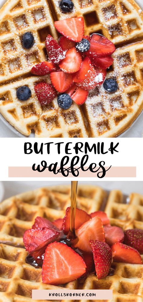 Light, fluffy, perfectly crispy on the outside buttermilk waffles topped with berries. Waffles From Scratch, Buttermilk Waffle, Buttermilk Waffles Recipe, Make Waffles, Waffles Breakfast, Belgium Waffles, Buttermilk Waffles, Waffle Ingredients, How To Make Waffles