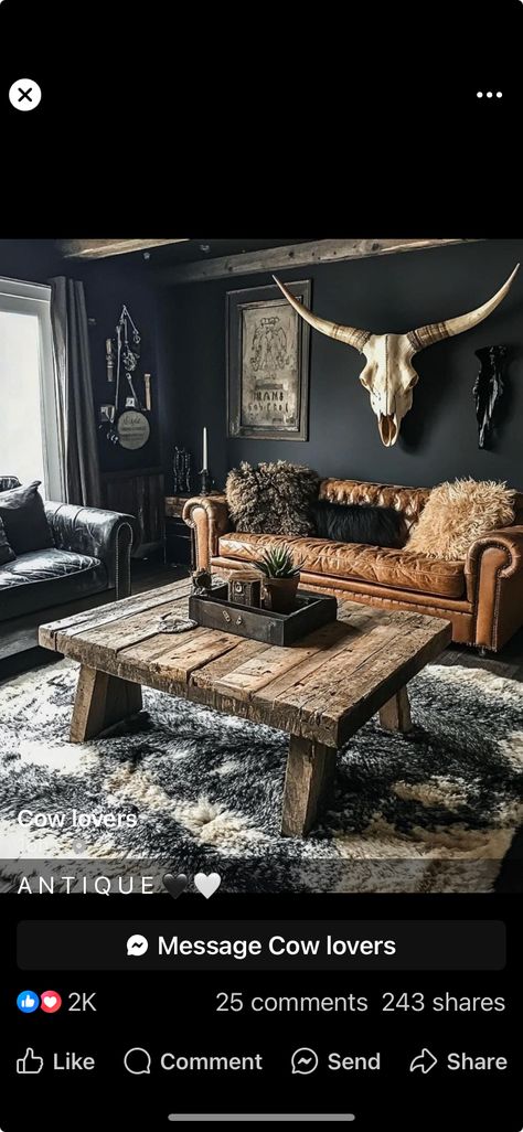 Black Couch Black Wall, Moody Farmhouse Decor, Moody Western Decor, Dark Western Bedroom, Western Gothic Decor, Moody Boho Living Room, Dark Gray Living Room, Gothic House Decor, Cave Lighting