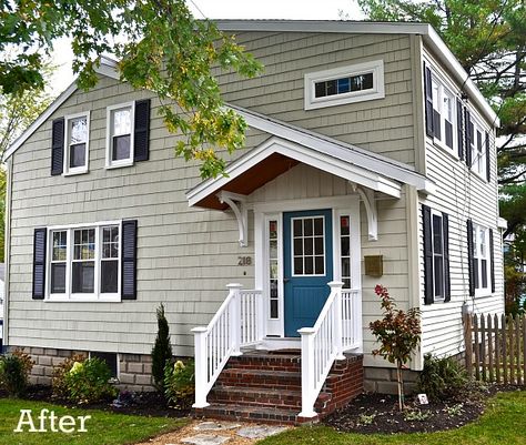 Before and After shots....great redo house exterior after reno-Laurel's SoPo Cottage Teal Door, Tan House, Best Exterior Paint, Black Shutters, House Shutters, Gray House, Brown House, Exterior Paint Colors For House, Front Door Colors