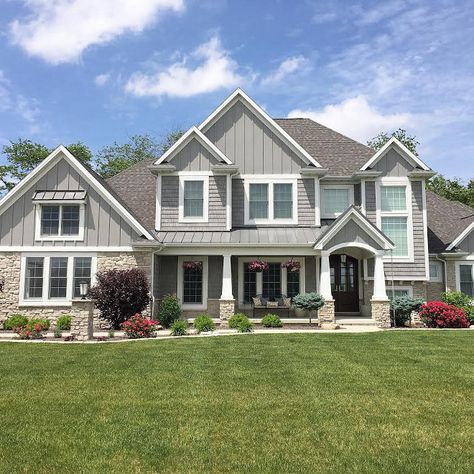 Grey exterior home with grey vinyl shingles and grey board and batten by James… Craftsman Home Exterior, Gray House Exterior, Gray House, Craftsman Style House, Craftsman Style Home, Grey Exterior, Grey Houses, Craftsman Style Homes, Modern Farmhouse Exterior