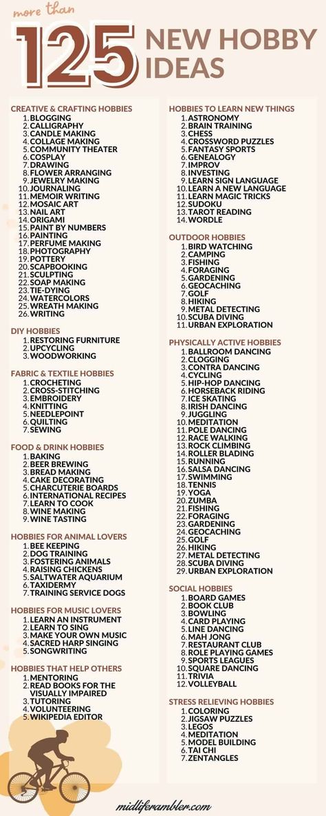 How to Find a Hobby As an Adult: 125+ Ideas to Help You Find a Hobby You Love Freetime Activities, New Things To Try, Finding A Hobby, Hobby Ideas, What To Do When Bored, Hobbies To Try, Seni Dan Kraf, Productive Things To Do, Self Care Bullet Journal