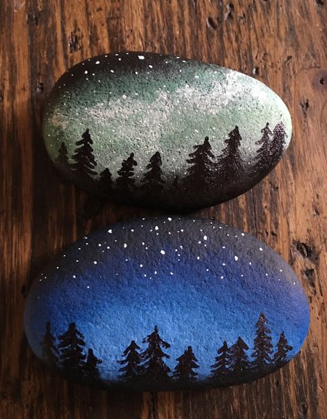 My Forest at night rocks are fairly easy to do. I also love changing up the sky. Diy Rock Art, Painted Rock Animals, Stone Art Painting, Deco Nature, Painted Rocks Craft, Tanah Liat, Painted Rocks Diy, Rock Painting Ideas Easy, Rock Painting Patterns