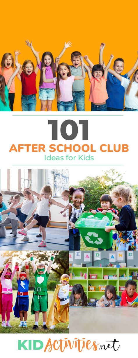 A collection of after school club ideas for kids. These range anywhere from sports, math, geology, and all the in-between. 101 club ideas. After School Club Ideas, Club Ideas For Kids, School Club Ideas, After School Club Activities, After School Clubs, School Age Activities, After School Care, After School Routine, Holiday Program