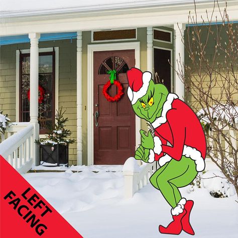 Left Facing Grinch Grinch Stealing Christmas Yard Art made out of weather resistant 8mm Corrugated Plastic 48 H x 23 Wide This yard art is digitally printed on a white corrugated board 1 side and is outdoor durable for years to come. This item ships flat with no stand or lights included. Christmas Lights Yard, Grinch Stealing Christmas Lights, Grinch Yard Art, Outdoor Christmas Decorations Yard, Grinch Decorations, Christmas Yard Art, Christmas Props, Baby Gift Guide, Christmas Yard Decorations