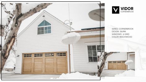 Kaysville Farmhouse - Vidor Garage Doors White House With Cedar Garage Doors, Oversized Garage Doors, White House Garage Doors, Garage Doors White House, White House With Wood Garage Doors, White House Wood Garage Door, Garage Doors On White House, Wood Garage Doors White House, Wood Look Garage Doors