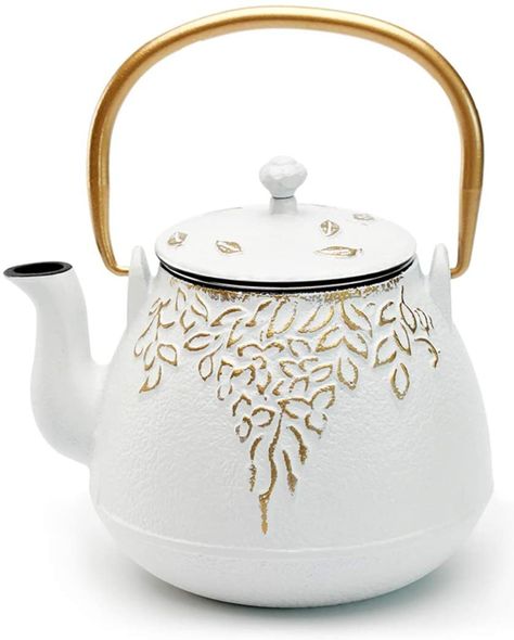 Tea Kettle, TOPTIER Japanese Cast Iron Tea Kettle with Infuser, Cast Iron Teapot Stovetop Safe, Leaf Design Tea Kettle Coated with Enameled Interior for 32 Ounce (950 ml), White Cast Iron Kettle, Cast Iron Teapot, Iron Teapot, Cast Iron Tea Pot, Japanese Teapot, Glass Teapot, Antique Tea, Best Tea, Loose Tea