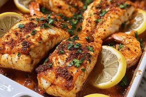 Try this spicy baked Cajun catfish and shrimp with zesty lemon butter recipe! Bold flavors, quick prep, and perfect for a delicious seafood dinner. Cajun Baked Fish Recipes Oven, Catfish And Shrimp Recipes, Catfish Recipes Baked, Baked Cajun Catfish, Baked Catfish Recipes, Cajun Catfish, Baked Catfish, Catfish Recipes, Baked Fish Recipes