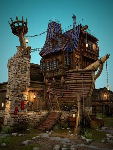 Pirate Ship house - we are building a faerie village called "the faeries at pirate cove". This will be a perfect faerie house in miniature Unusual Buildings, Unusual Homes, Tree Houses, Unique Houses, Unique Architecture, Pirate Ship, Play Houses, House Boat, Amazing Architecture