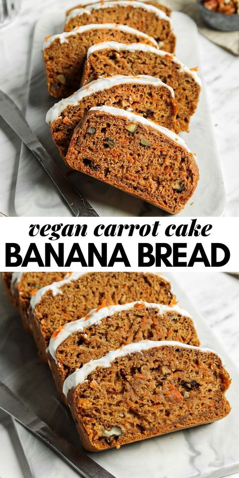 Vegan carrot cake banana bread that's easy to make in 1 bowl with 10 simple ingredients. Enjoy as is or topped with your favourite cream cheese frosting. Carrot Banana Bread, Carrot Cake Banana Bread, Carrot Bread Recipe, Carrot Cake Bread, Banana Bread Vegan, Cake Banana Bread, Carrot Banana Cake, Vegan Baked Goods, Vegan Carrot Cake