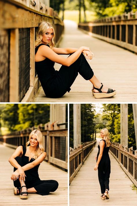 summer senior pictures, red barn senior pictures, bridge, flower field, senior picture inspo, senior picture outfit inspo, pose ideas, posing inspo, senior photography, grand rapids, forest hills, ada, michigan, jumpsuit Senior Picture Poses Bench, Senior Picture Portraits, Easy Senior Pictures Posing Ideas, Senior Picture On Bridge, Senior Photos At Lake, Shy Senior Pictures, Photo Posing Ideas Women, Senior Picture Ideas Mirror, Senior Pics On Bridge