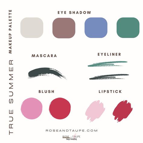 True/Cool Summer Makeup Color Palette. #coloranalysis #colorconsultation #seasonalcolor #coloranalyst #seasonalcoloranalysis #colorconsultant #softsummer #coolsummer #truesummer #truewinter #coolwinter #lightsummer #brightwinter #deepwinter #deepautumn #trueautumn #warmautumn #softautumn#truespring #warmspring #brightspring #lightspring #beauty #summermakeup #coolsummermakeup #makeup #makeuppalette True Cool Summer, Cool Summer Makeup, True Summer Makeup, Makeup Color Palette, Digital Makeup, Cool Summer Palette, Seasonal Makeup, True Summer, Summer Makeup Looks