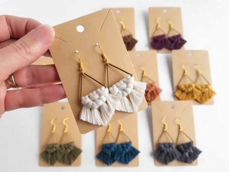 "Make a statement with these bohemian macrame MINI TRIANGLE earrings! A perfect gift for bridesmaids, mother's day, friends, family, or just for yourself! Made with high quality recycled cotton cord, these earrings are sustainable! They have hypoallergenic, nickel and lead free earring hooks. (Note: Not actual gold or silver metal) SIZE: \"Length\" is from top of brass teardrop to bottom of fringe. \"Drop length\" includes the hook. More Earrings: https://www.etsy.com/ca/shop/PeachandPoppyseed?s Macrame Mini, Bohemian Macrame, Gift For Bridesmaids, Boho Macrame, Macrame Earrings, Etsy Bridesmaid Gifts, Earrings Bridesmaid, Boho Accessories, Macrame Ideas