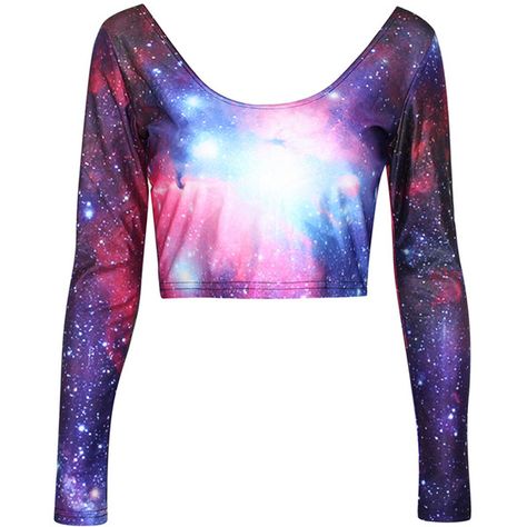 Purple Classic Womens Galaxy Long Sleeves Crop Top. Low Cut Crop Top, Galaxy Stuff, Galaxy Outfit, Shirts Crop Tops, Galaxy Dress, Clown Halloween, Galaxy Shirt, Shirts Crop, Crop Tops Online