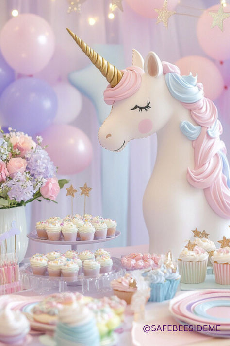 unicorn-themed baby shower dessert table decorated with pastel cupcakes, a unicorn centerpiece, and sparkling star accents. The setup includes floral arrangements and whimsical details in soft pink, lavender, and blue, creating a magical, dreamy vibe. *We may earn a small commission from your purchase. Unicorn Baby Shower Ideas, Cloud Baby Shower Theme, Twinkle Twinkle Little Star Birthday, Unicorn Centerpiece, Star Cupcakes, Unicorn Cake Topper, Unicorn Baby Shower, Shower Themes, Star Baby Showers