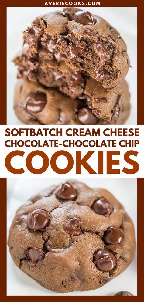 Cream Cheese Chocolate Chocolate Chip Cookies - Averie Cooks Cream Cheese Chocolate Chip Cookies, Chocolate Chocolate Chip Cookies, Soft Batch, Desserts With Chocolate Chips, Double Chocolate Chip Cookies, Cream Cheese Cookies, Chocolate Cream Cheese, Chocolate Cookie Recipes, Chips Recipe