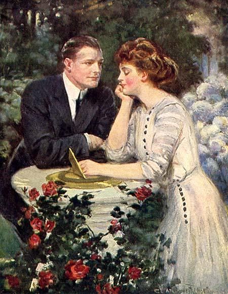 Couple At Sundial by Clarence Underwood Romance Arte, The Art Of Love, Victorian Illustration, Double Exposition, Art Through The Ages, Victorian Couple, Victorian Romance, Vintage Couples, Art Of Love