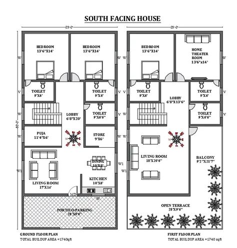 29'X60' South facing house plan according to vastu shastra is given in this 2D autocad plan download now. - Cadbull South Facing Duplex House Plans, South Face House Plan Vastu, South Facing House Plans Vastu, House Plan According To Vastu, South Facing House Plan, Home Plan Drawing, Autocad Plan, Home Front Elevation, One Floor House Plans