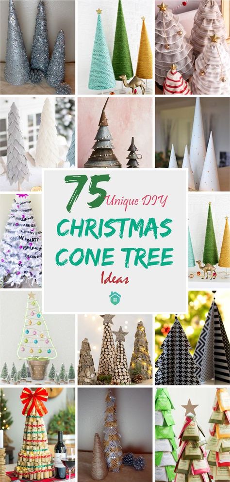 75 Unique DIY Christmas Cone Tree Ideas - Matchness.com Homemade Tabletop Christmas Trees, Paper Mache Cone Christmas Trees, Mantel Christmas Trees, Yarn Wrapped Christmas Tree, Tie Angels, Orange Paper Craft, Christmas Tree Crafts Diy, Christmas Tree Yarn, Paper Craft Easy