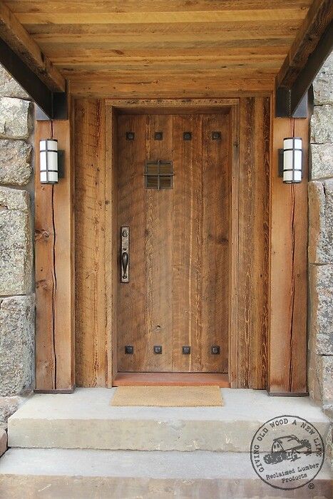 Rustic Entry Doors, Rustic Exterior Doors, Awning Over Door, Wooden Door Ideas, Exterior Door Trim, Front Door Color, Rustic Wood Doors, Plank Door, Glass Door Design