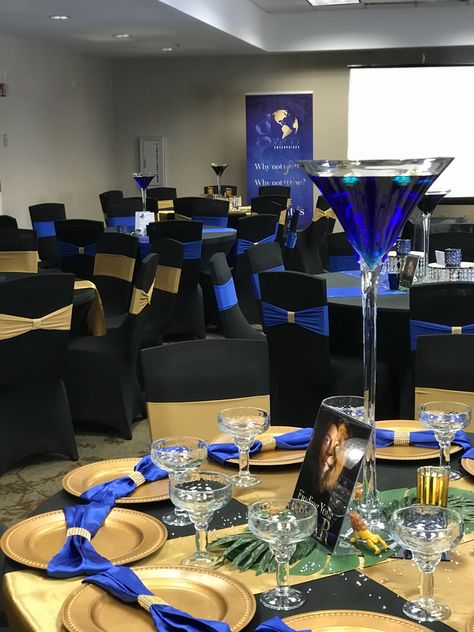 Book Signing Black Blue And Gold Party Decorations, Blue And Gold Decor, Black And Gold Centerpieces, Black And Gold Decor, Gold Theme Party, Black Party Decorations, Diy Prom, Blue Centerpieces, Women's Retreat