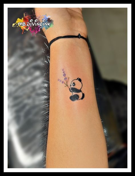 Panda Tattoo Cute, Cute Panda Tattoo, Flower Tattoo Wrist, Tattoo Panda, Panda Bear Tattoos, Purple Flower Tattoos, Tats Ideas, Butterfly Tattoos On Arm, Side Wrist Tattoos