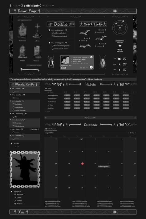 I made another one!! This one is greyscale and has some creepy crawlies. I have a whimsigothic one coming soon!!! my etsy is ExhumationStation if you want to support me :) Study Planner Free, Student Dashboard, Life Planner Organization, Blog Website Design, Study Smarter, Graphic Poster Art, Social Media Planner, Creepy Crawlies, College Study