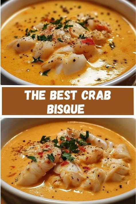 Indulge in the rich, velvety goodness of the BEST Crab Bisque! This creamy seafood soup is packed with tender crab meat and perfectly seasoned to deliver a luxurious, savory flavor in every spoonful. Whether you're serving it as an elegant appetizer or a comforting main dish, this easy crab bisque recipe is sure to impress! The Best Crab Bisque, Bayou Crab Chowder, Seafood Fall Recipes, Crab Tots Recipe, Easy She Crab Soup, Spicy Crab Soup Recipes, Tomato Crab Soup, Best Crab Bisque Recipe, Cajun Crab Soup